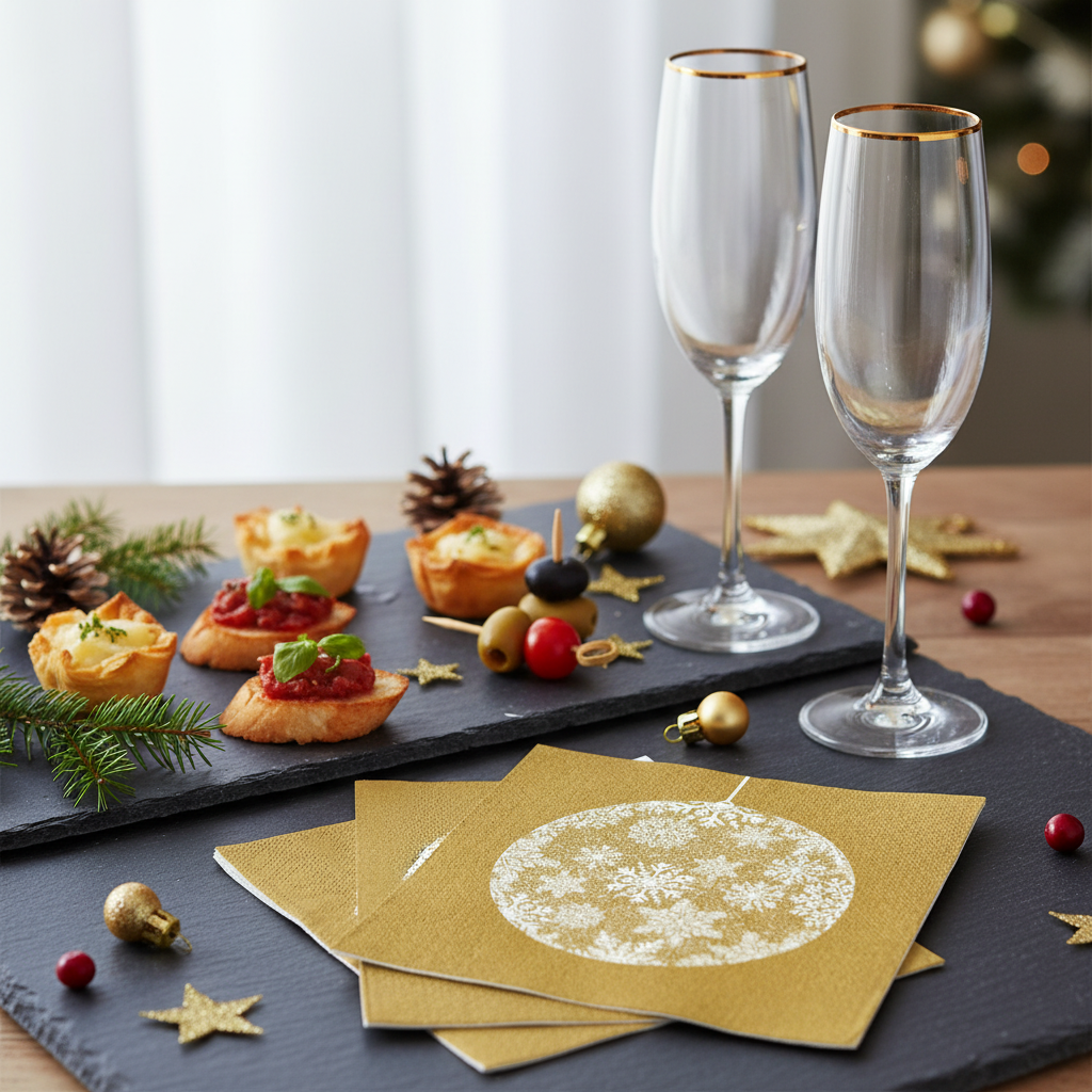 Serviette Noël boule or - mise en situation apéritif ardoise