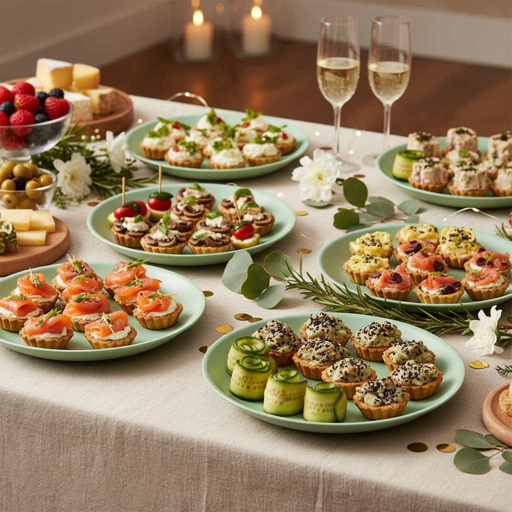 Assiettes vert d'eau sur buffet festif