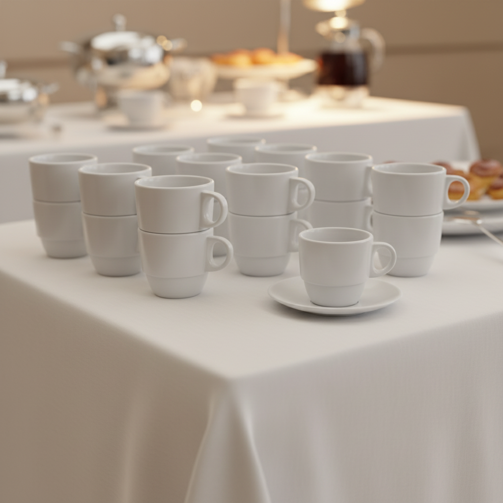 Tasses blanches empilables SAN sur buffet événementiel professionnel