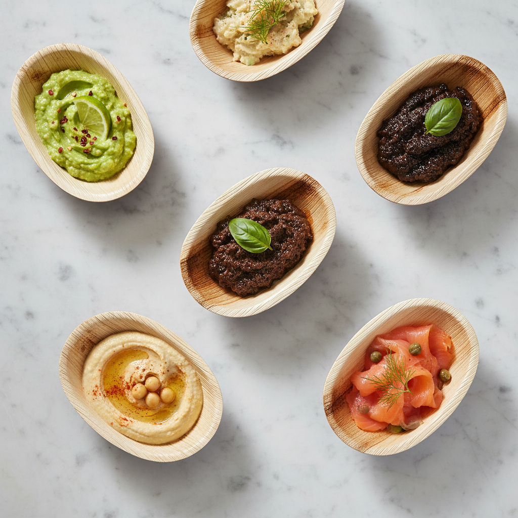 Coupelles ovales palmier mini apéritifs marbre flat lay