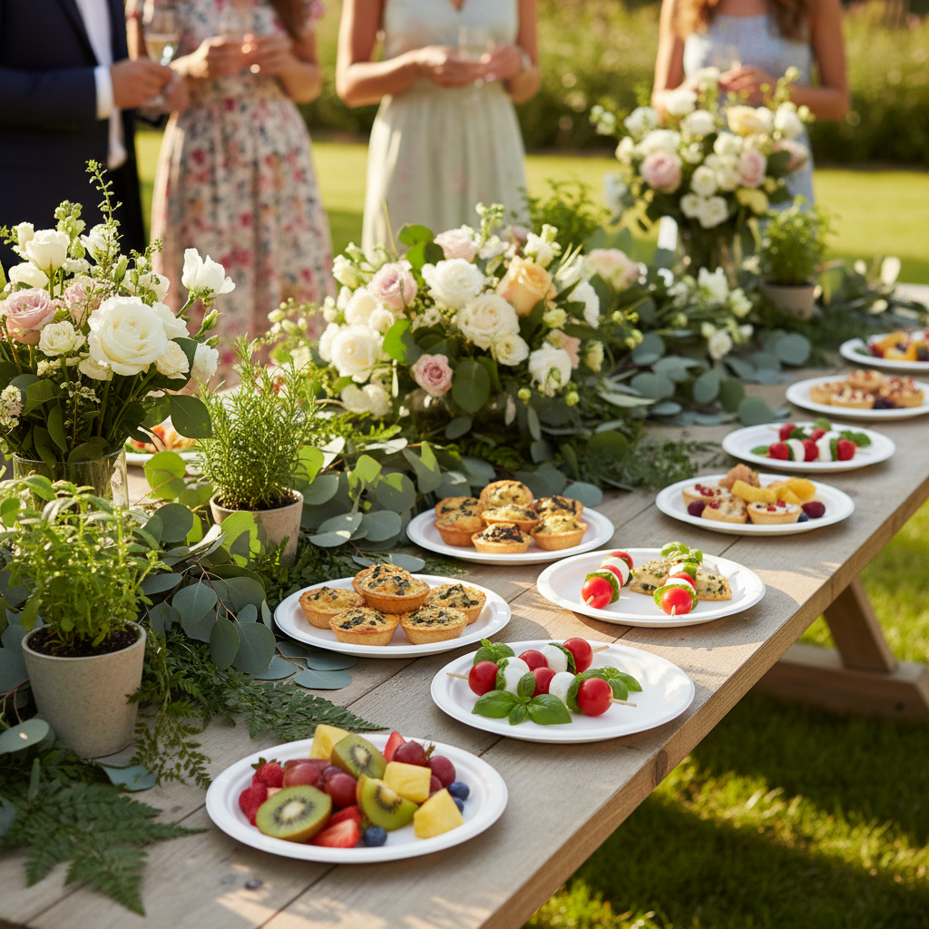 Assiettes rondes canne à sucre 18 cm sur buffet garden party avec caprese mini-quiches et fruits frais