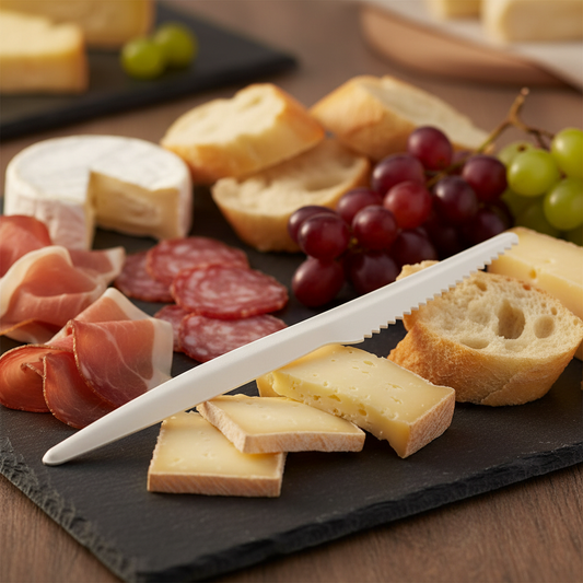 Couteau carton blanc bio sur ardoise apéritif fromage élégant