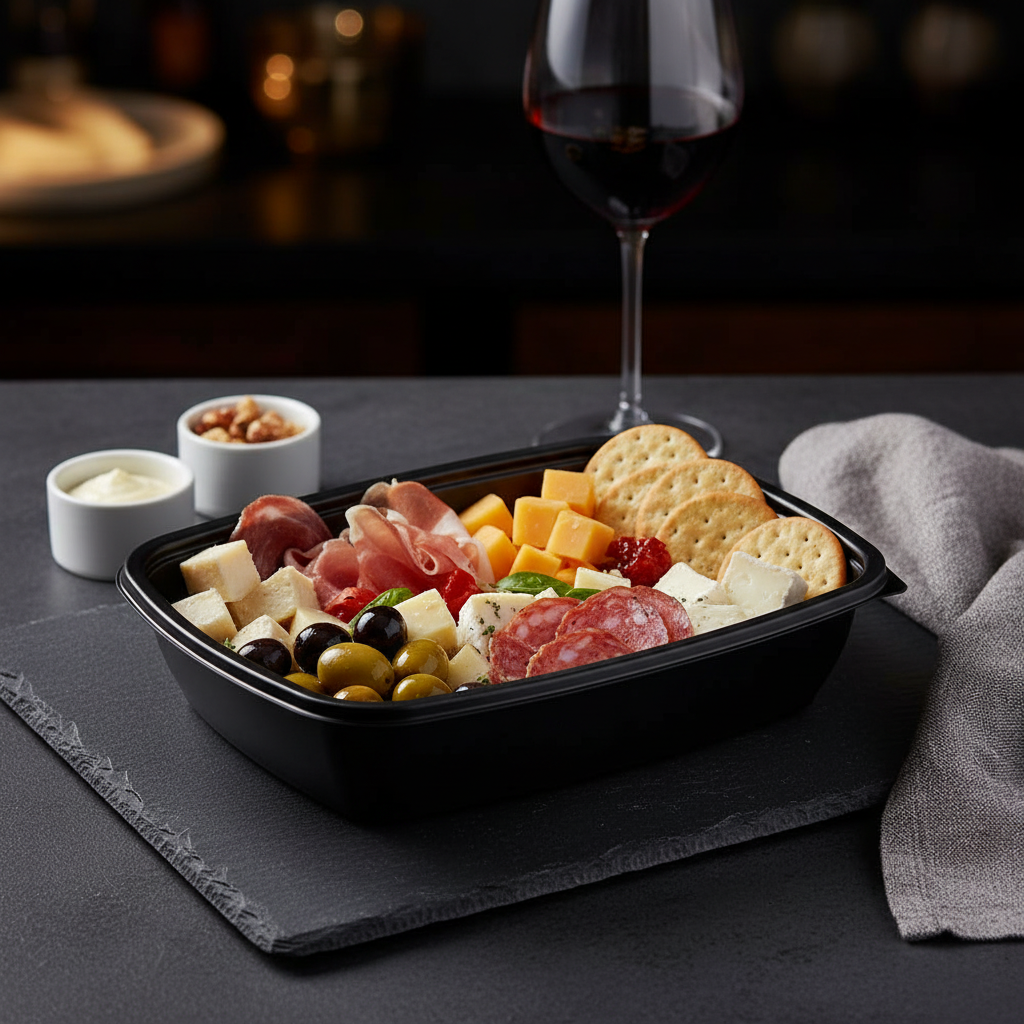 Barquette rectangulaire noire – mise en situation apéritif sur ardoise