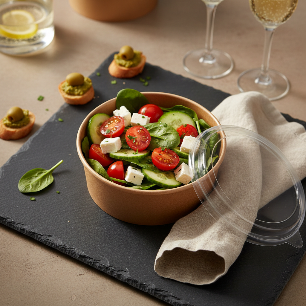 Saladier kraft 1000ml sur ardoise avec salade fraîche