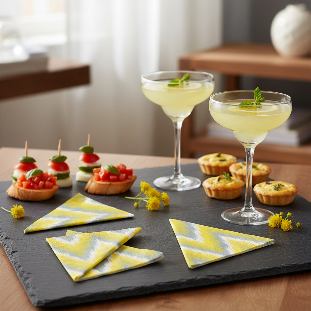 Serviette Ikat jaune - mise en situation apéritif ardoise