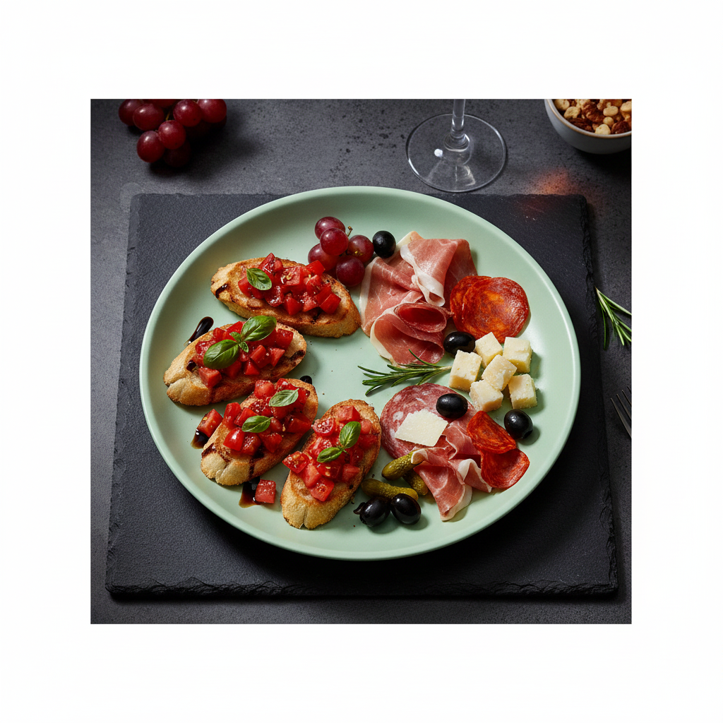 Assiette vert d'eau sur ardoise avec apéritif élégant