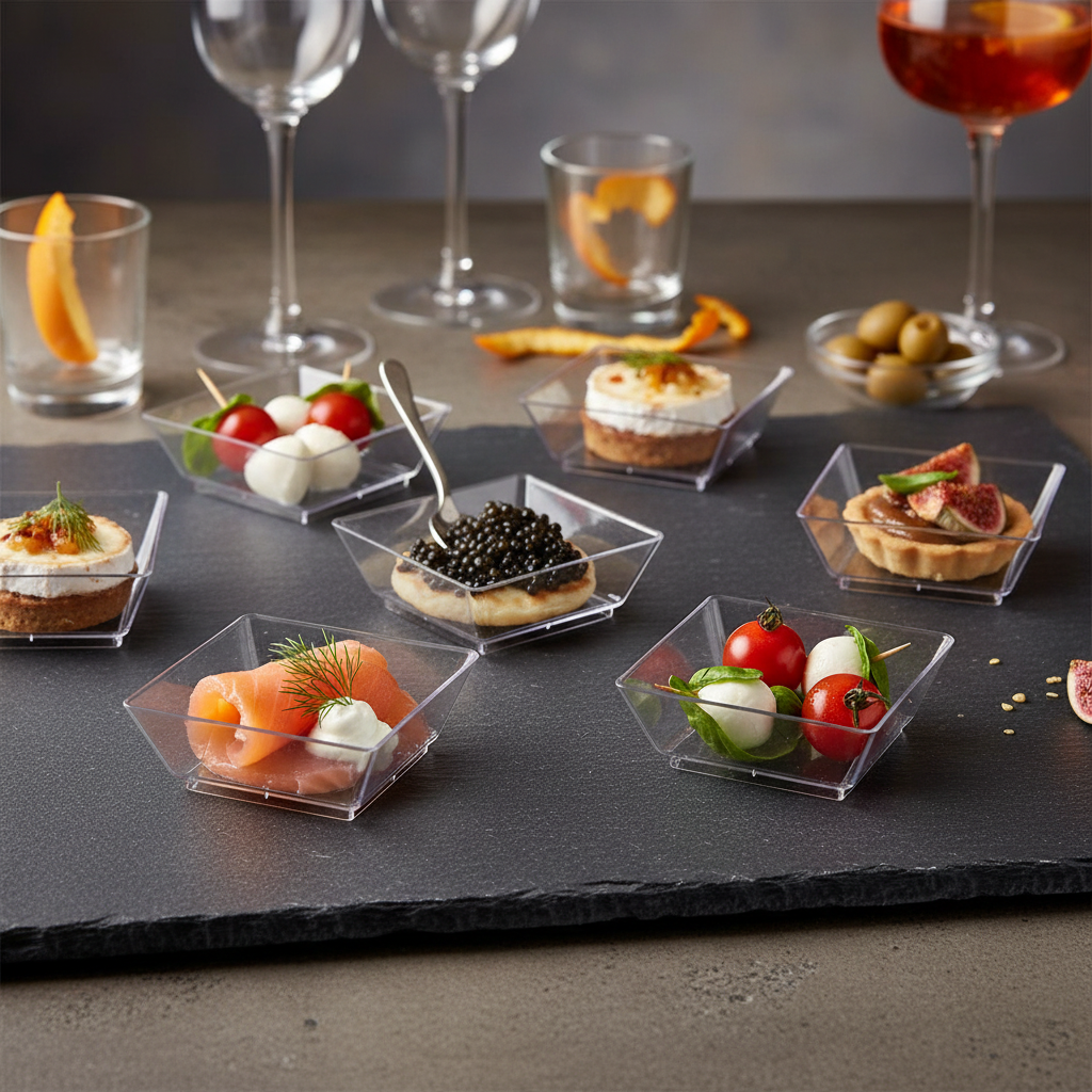 Verrines carrées cristal sur ardoise apéritif élégant