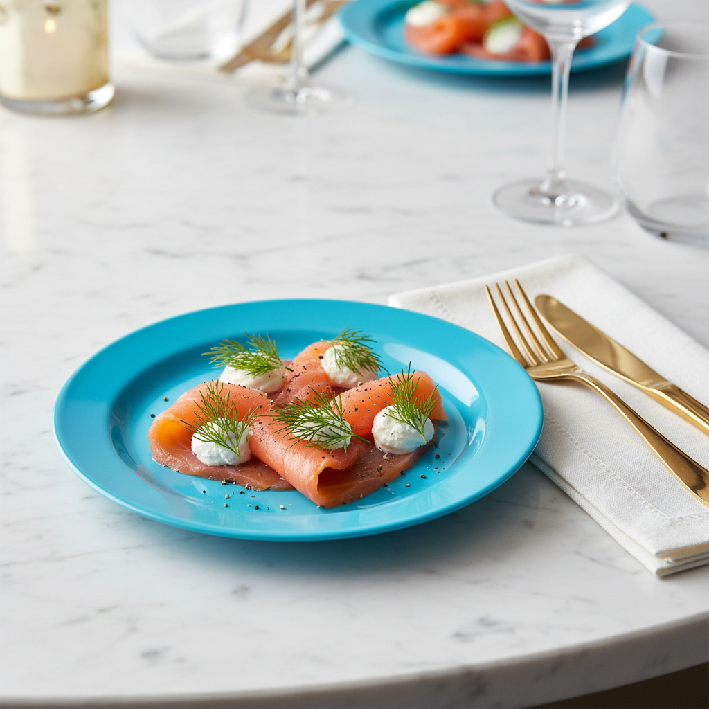 Assiette ronde réutilisable turquoise 19 cm avec saumon fumé sur marbre blanc, couverts dorés
