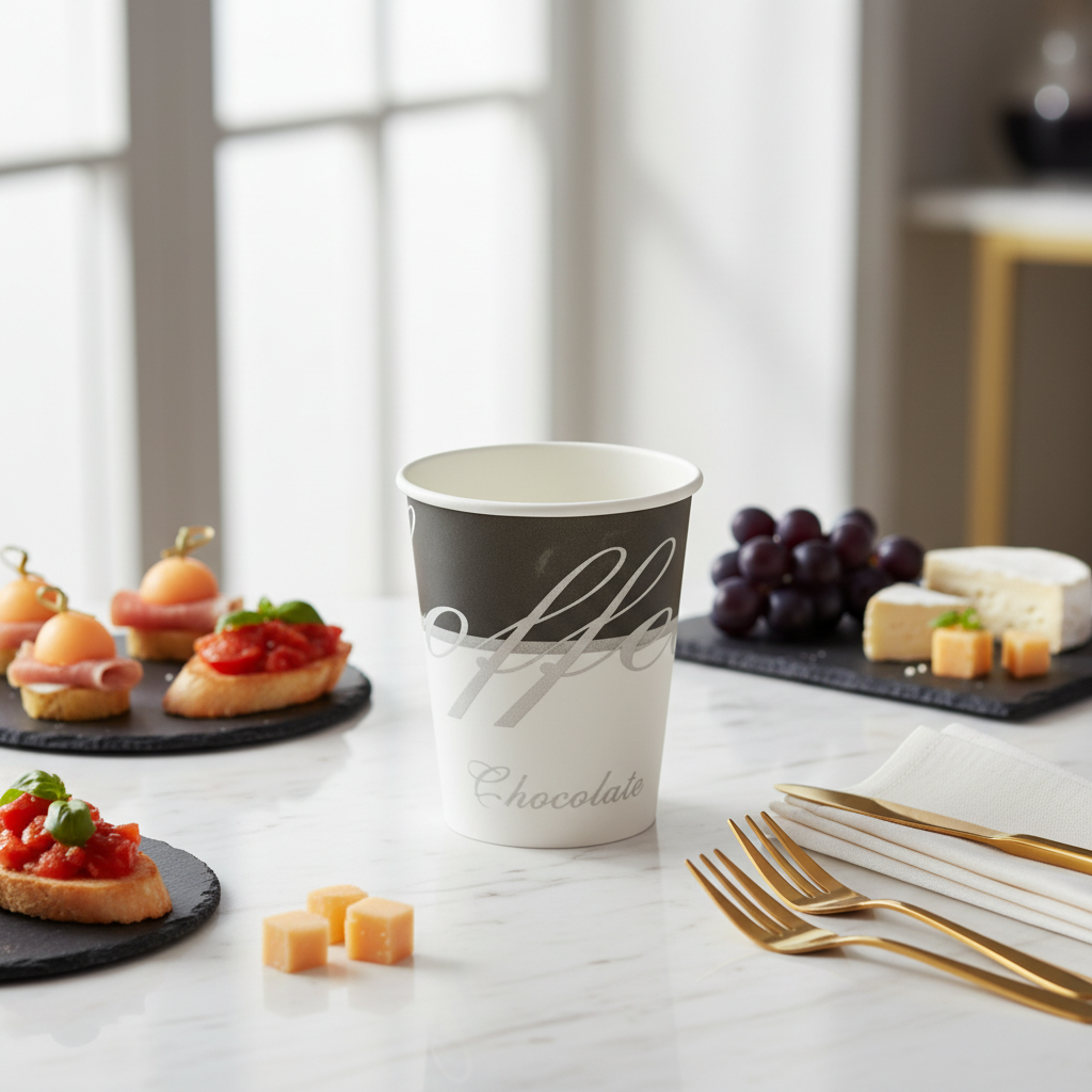 Gobelet carton Coffee Chic sur marbre avec canapés et fromages