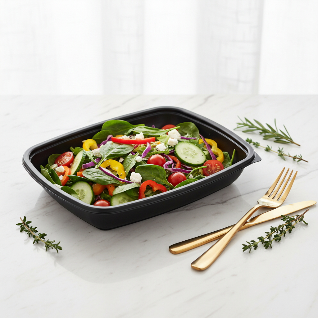 Barquette rectangulaire noire bord large – mise en situation sur marbre avec salade