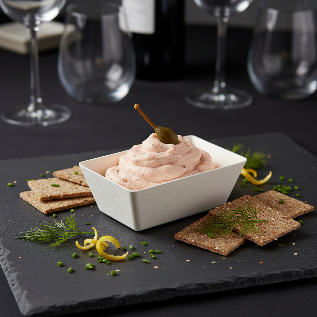 Ramequin blanc rectangle en canne à sucre avec mousse de saumon sur ardoise
