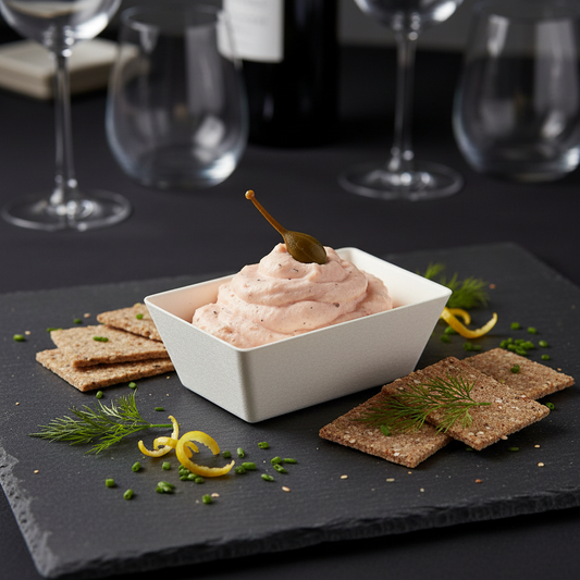 Ramequin blanc rectangle en canne à sucre avec mousse de saumon sur ardoise