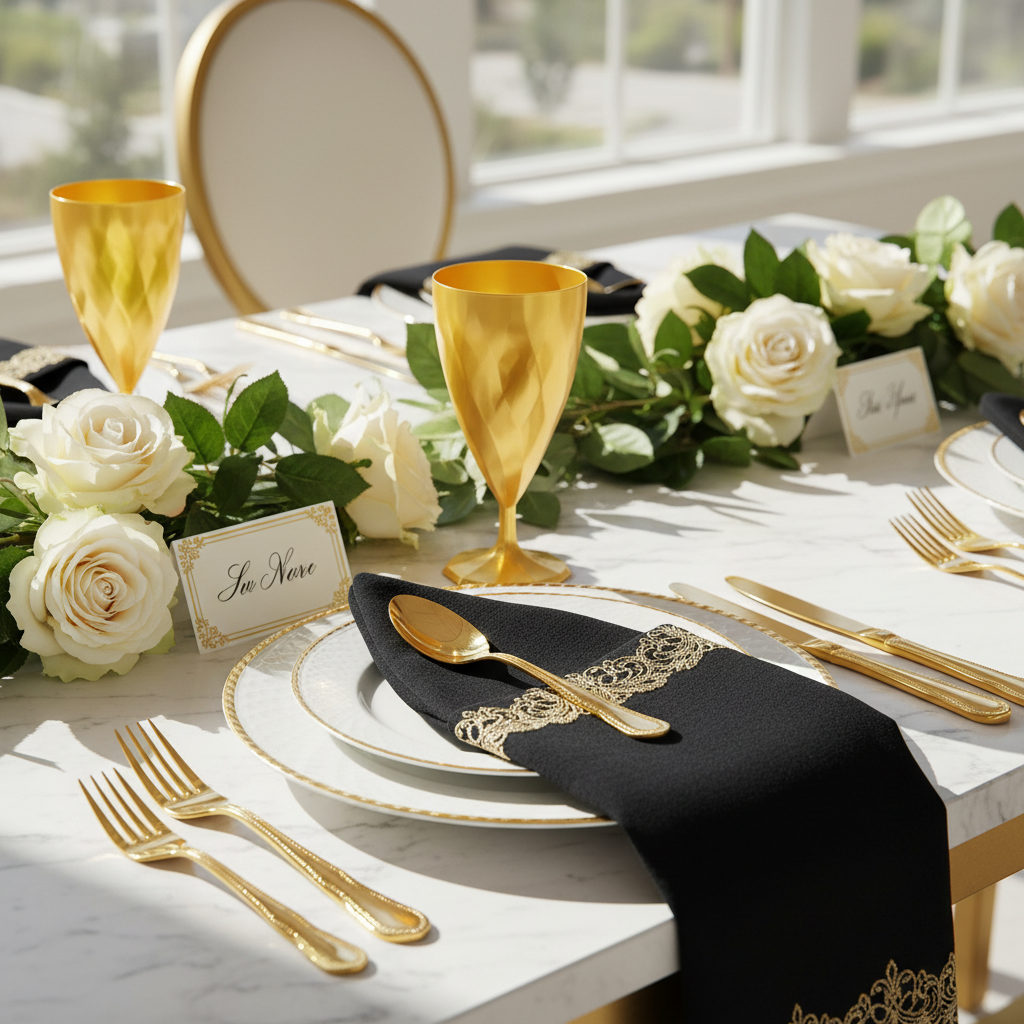 Verre or torsadé sur marbre blanc décoration mariage noir et or