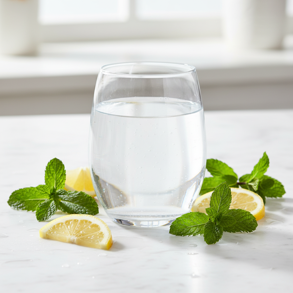 Verre Tritan 39cl sur marbre blanc avec citron et menthe