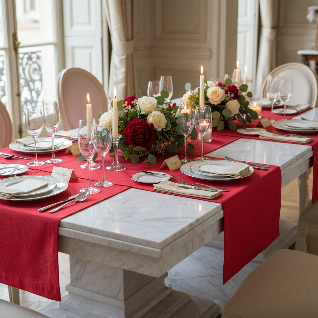 Nappe rouge vif table marbre dîner festif