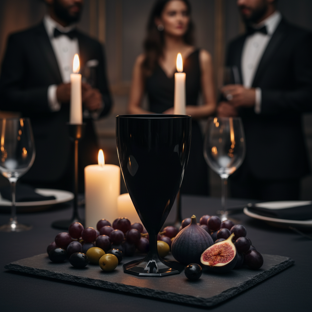 Verre noir ébène torsadé sur ardoise avec apéritif black-tie élégant