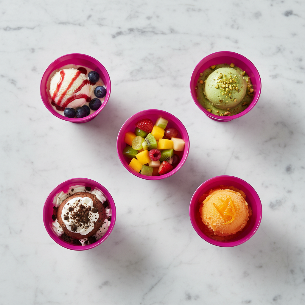 Coupes dessert magenta desserts colorés marbre flat lay