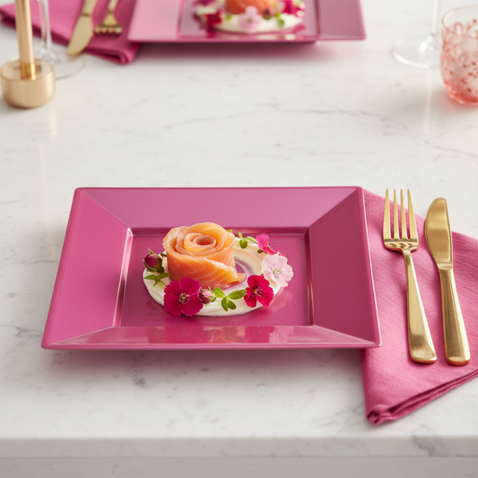 Assiette carrée rose magenta 24 cm avec rose de saumon fumé et fleurs comestibles sur marbre, bachelorette