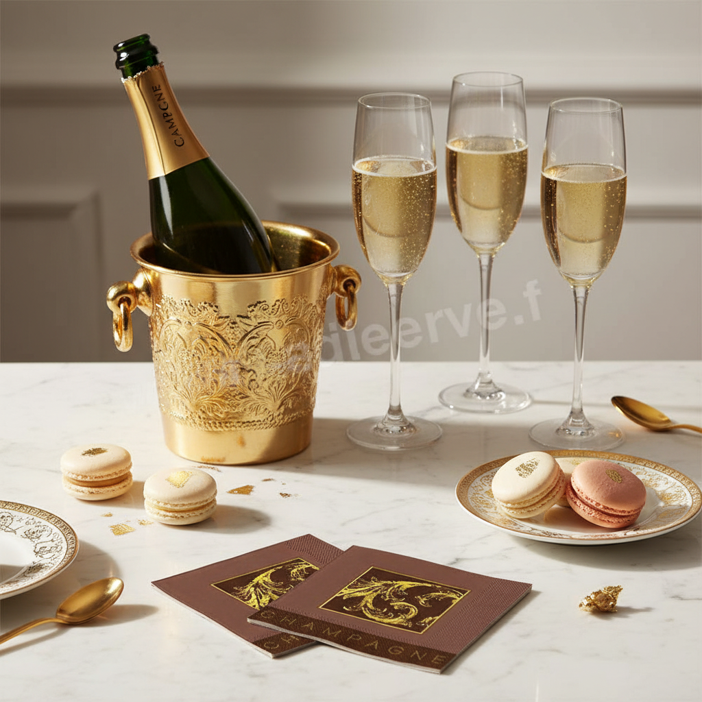 Serviette Champagne - mise en situation marbre