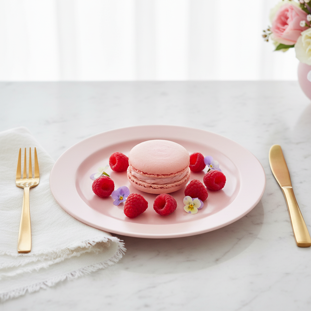 Assiette ronde rose pastel 19 cm avec macaron framboises et fleurs comestibles sur marbre, bridal shower