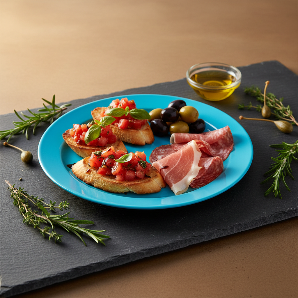 Assiette ronde réutilisable turquoise 19 cm avec bruschetta et charcuterie sur ardoise, apéritif élégant
