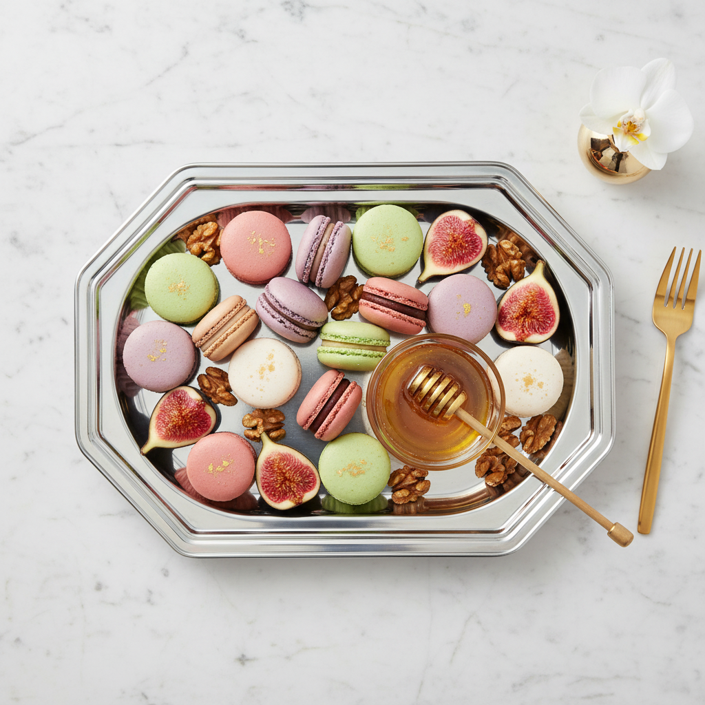 Plat octogonal 27x19cm argenté avec macarons et figues sur marbre