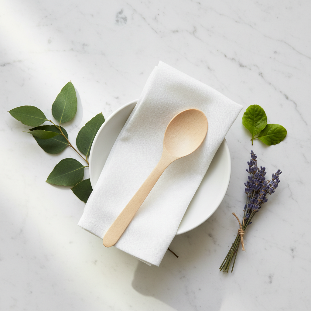 Cuillère bois naturel sur marbre table éco-luxe