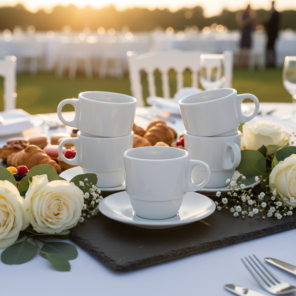 Tasses à café blanches incassables SAN sur ardoise lors d'une réception mariage