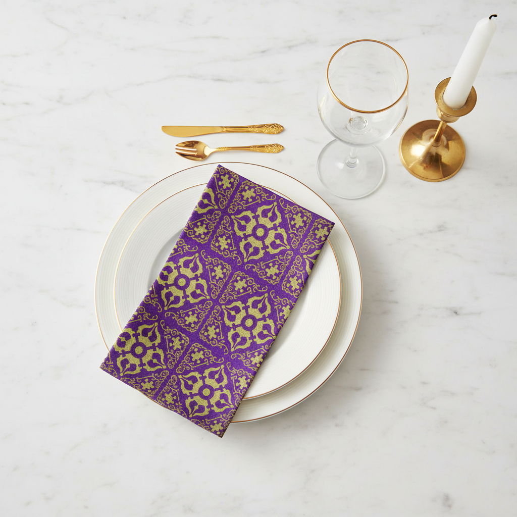 Serviette Paviot Orient gold-violet pliée sur assiette blanche fond marbre