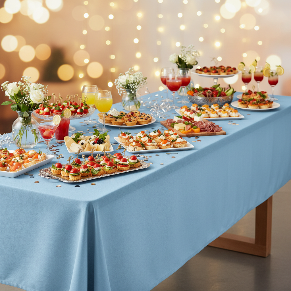 Nappe bleu ciel buffet festif élégant