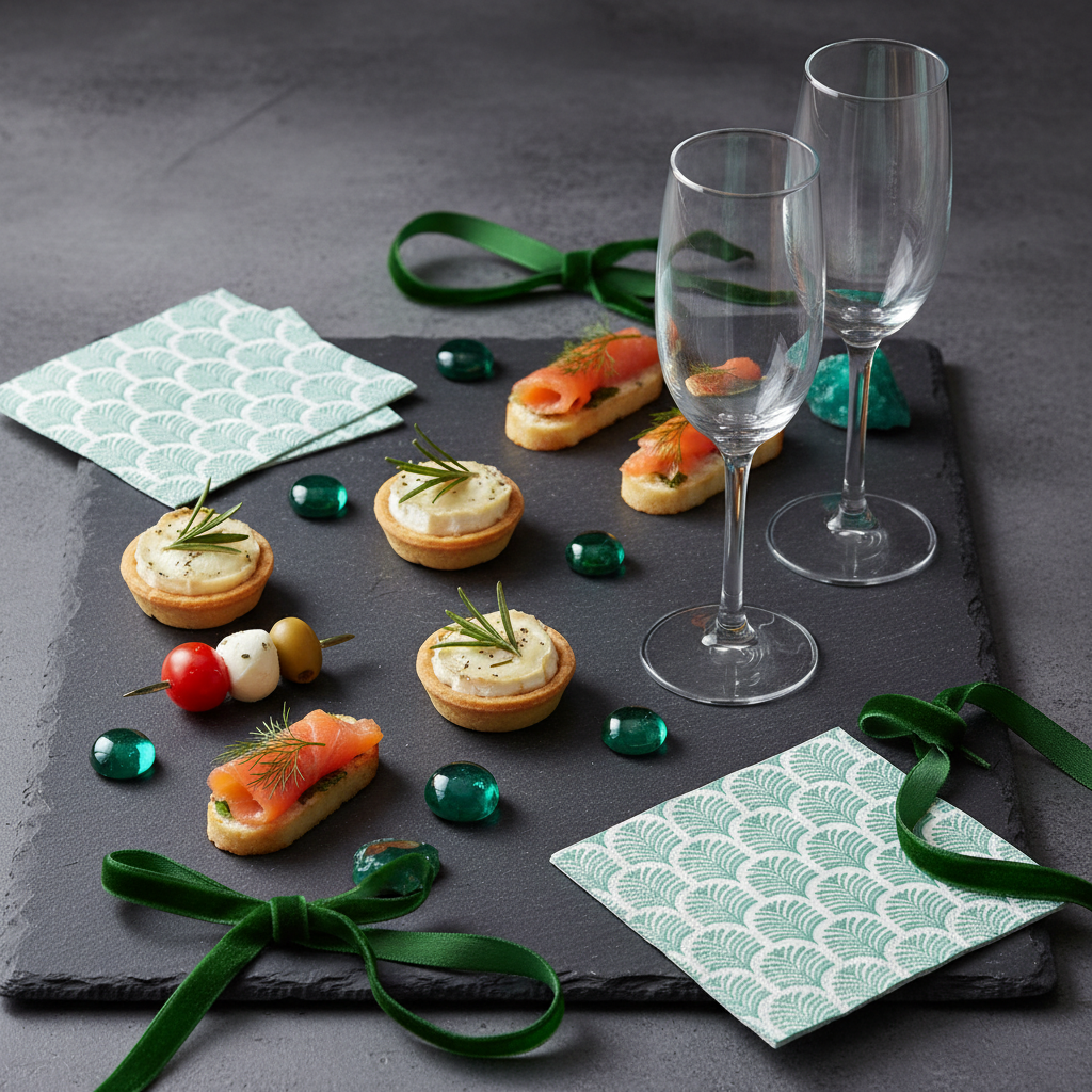 Serviette palmette verte - mise en situation apéritif ardoise
