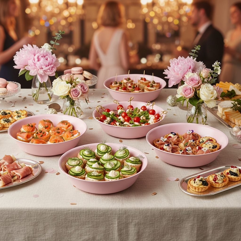 Assiettes creuses roses sur buffet festif