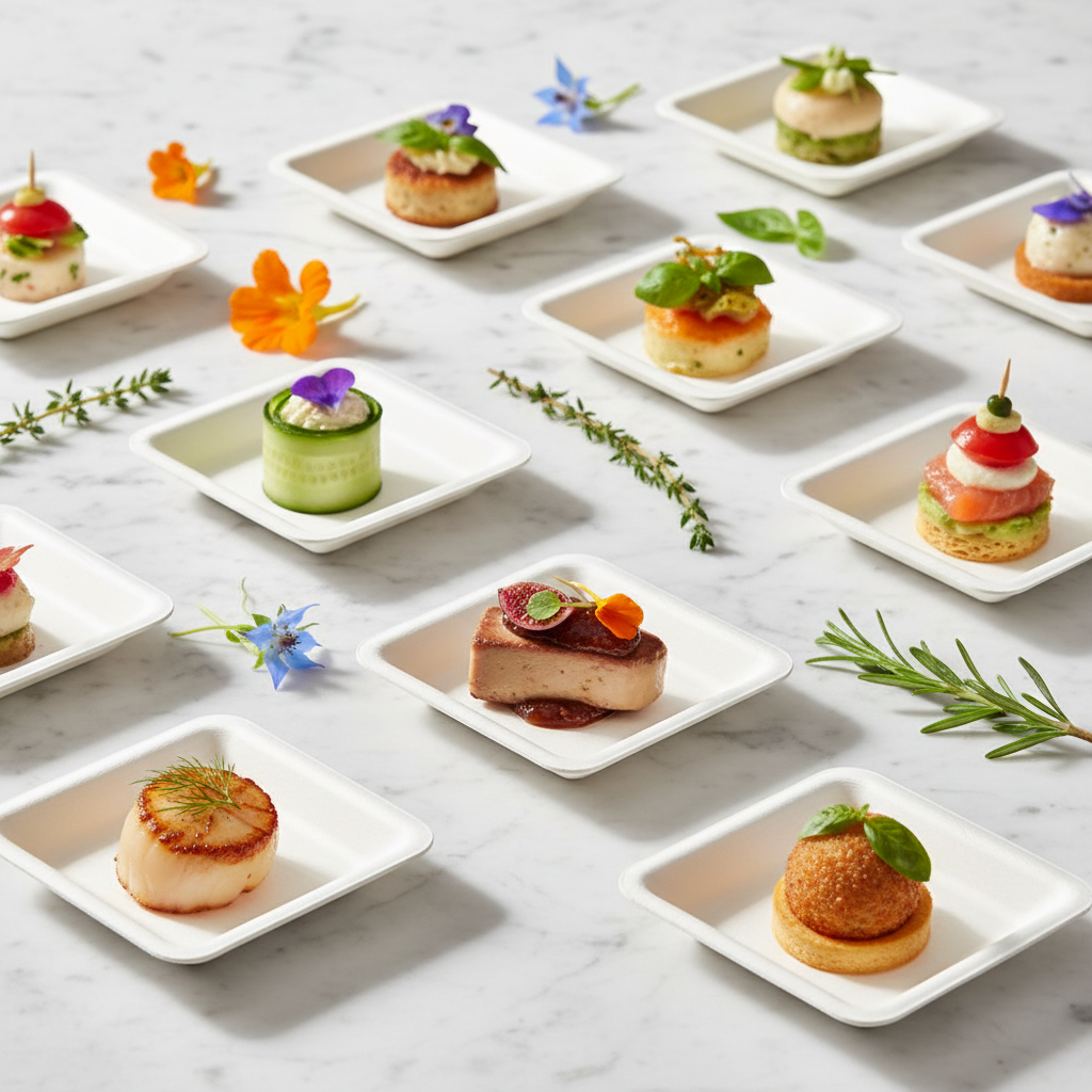 Mini assiettes carrées fibre végétale sur marbre avec apéritif raffiné