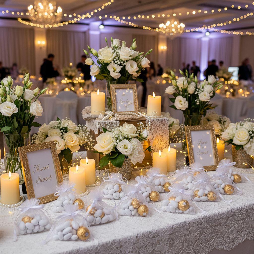 Sachet tulle pois blanc - buffet festif mariage