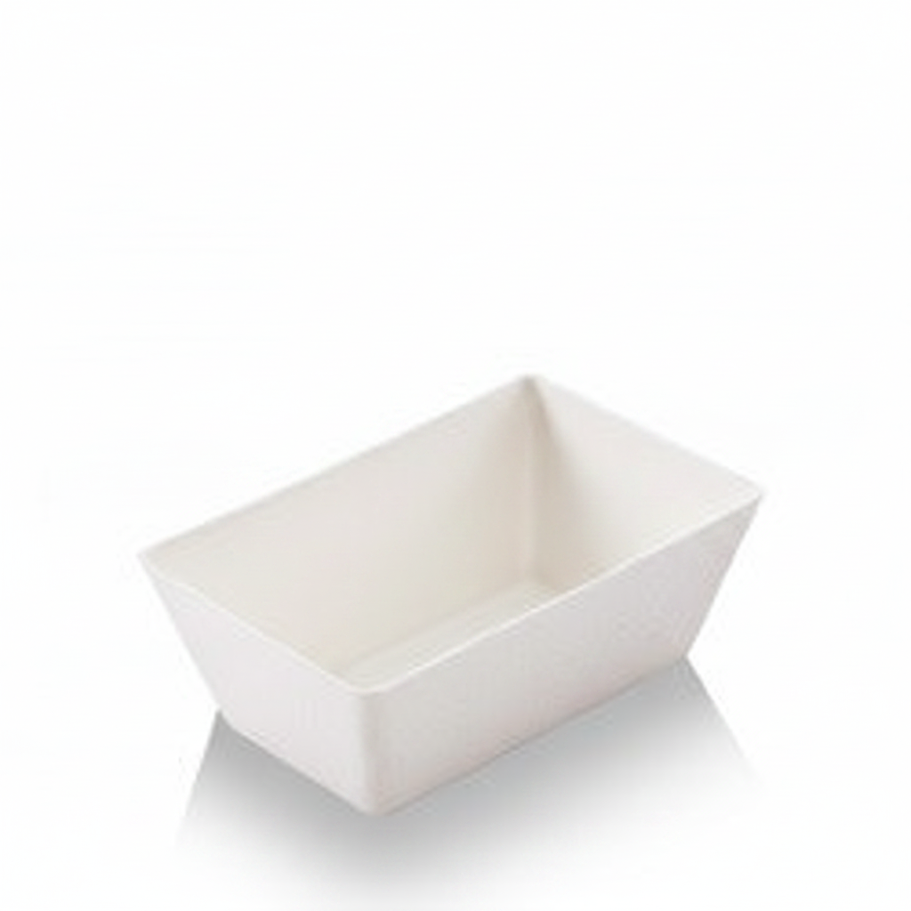 Ramequin blanc rectangle en canne à sucre sur fond blanc studio