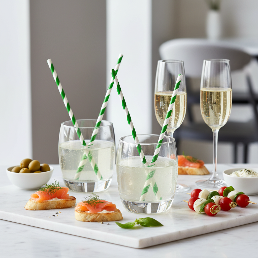 Pailles vert et blanc sur marbre blanc apéritif chic