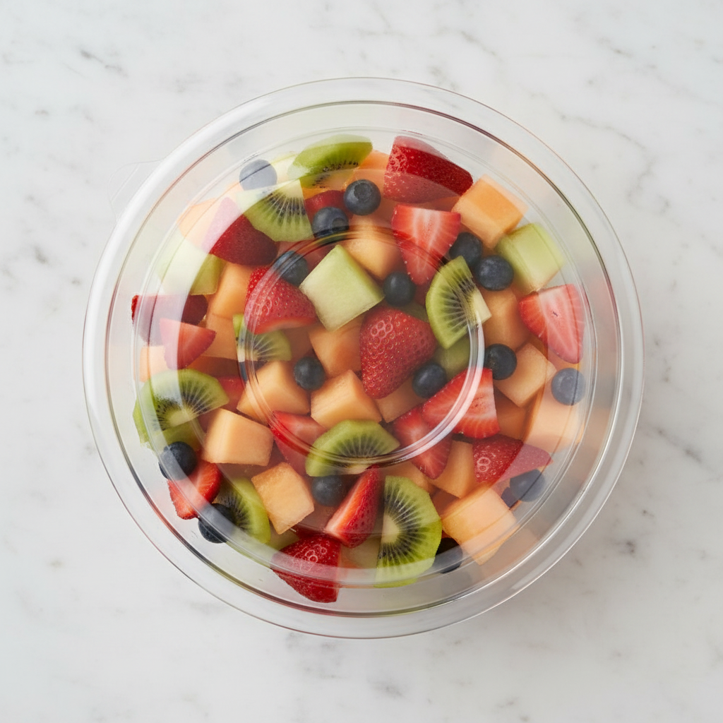 Couvercle dôme rPET saladier salade fruits marbre flat lay