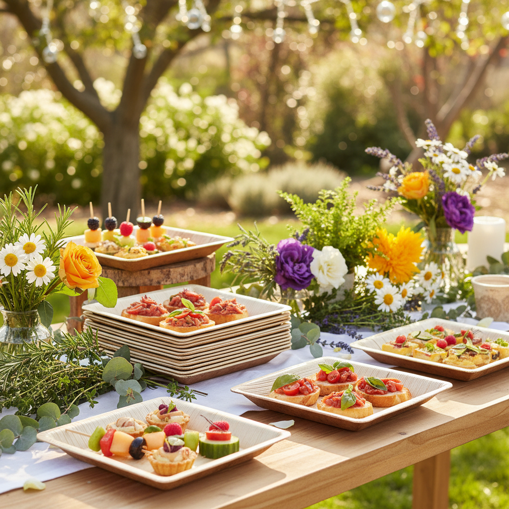 Assiettes carrées palmier 18 cm sur buffet garden party outdoor éco-responsable avec verdure et fleurs