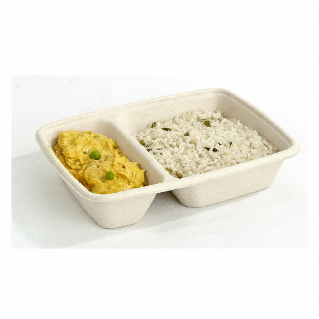Barquette bagasse blanche 2 compartiments – photo studio fond blanc