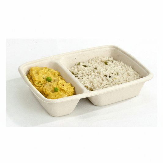 Barquette bagasse blanche 2 compartiments – photo studio fond blanc