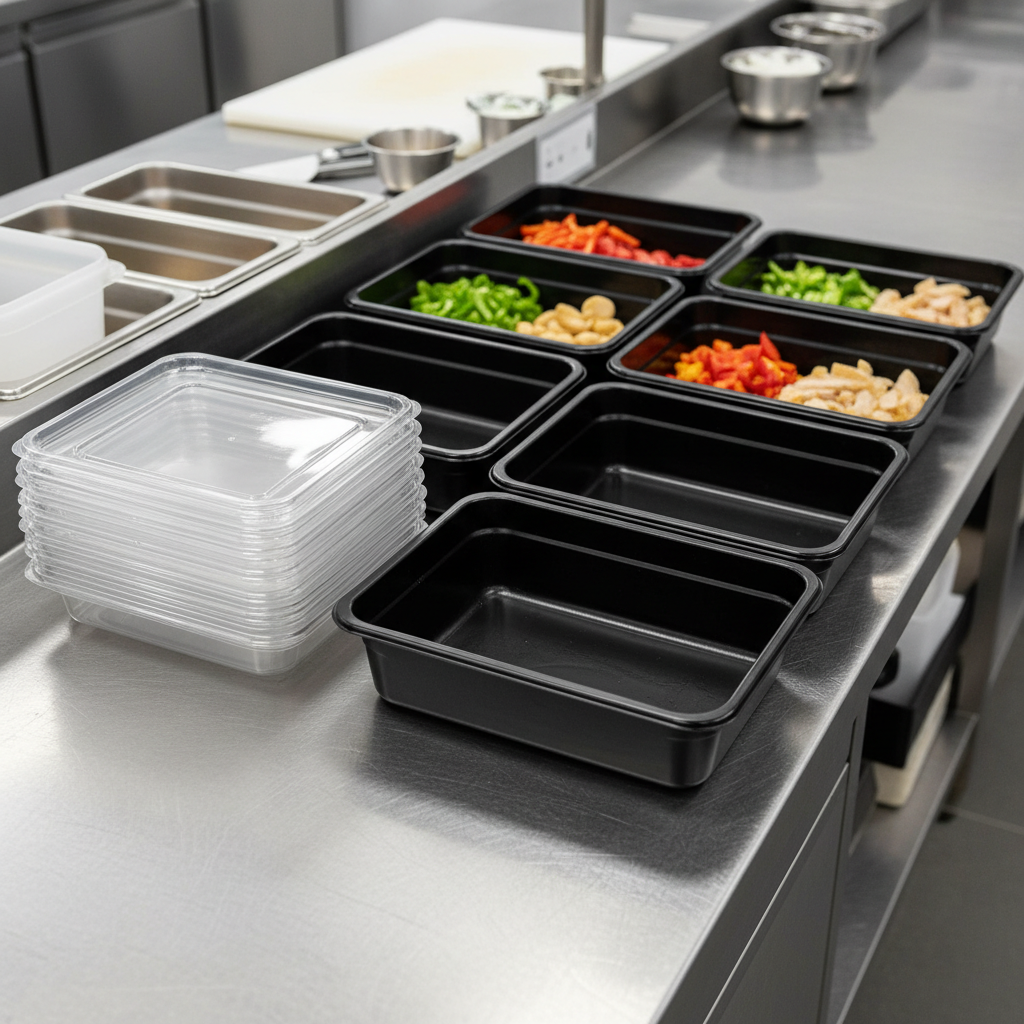 Couvercles rPET empilés avec plateaux noirs sur plan de travail cuisine professionnelle