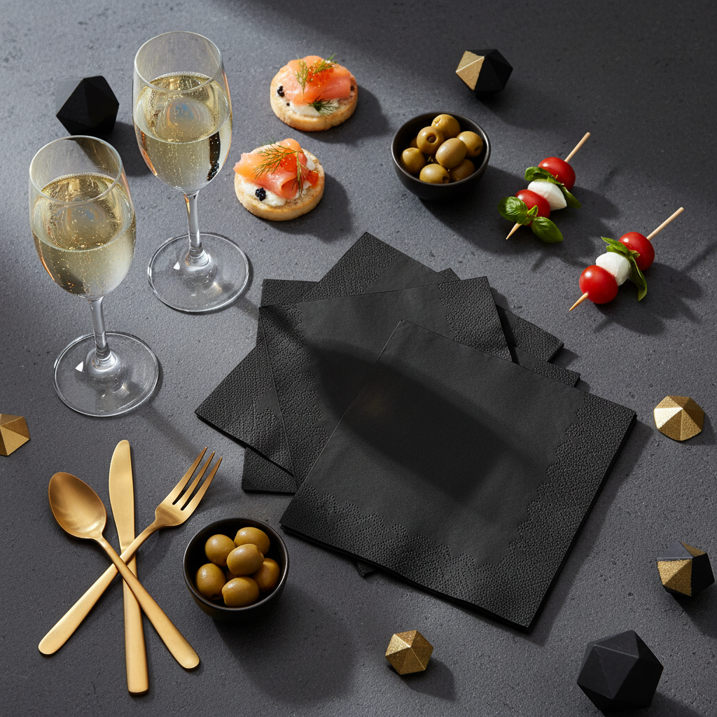 Serviette noire biodégradable 33cm - mise en situation apéritif ardoise