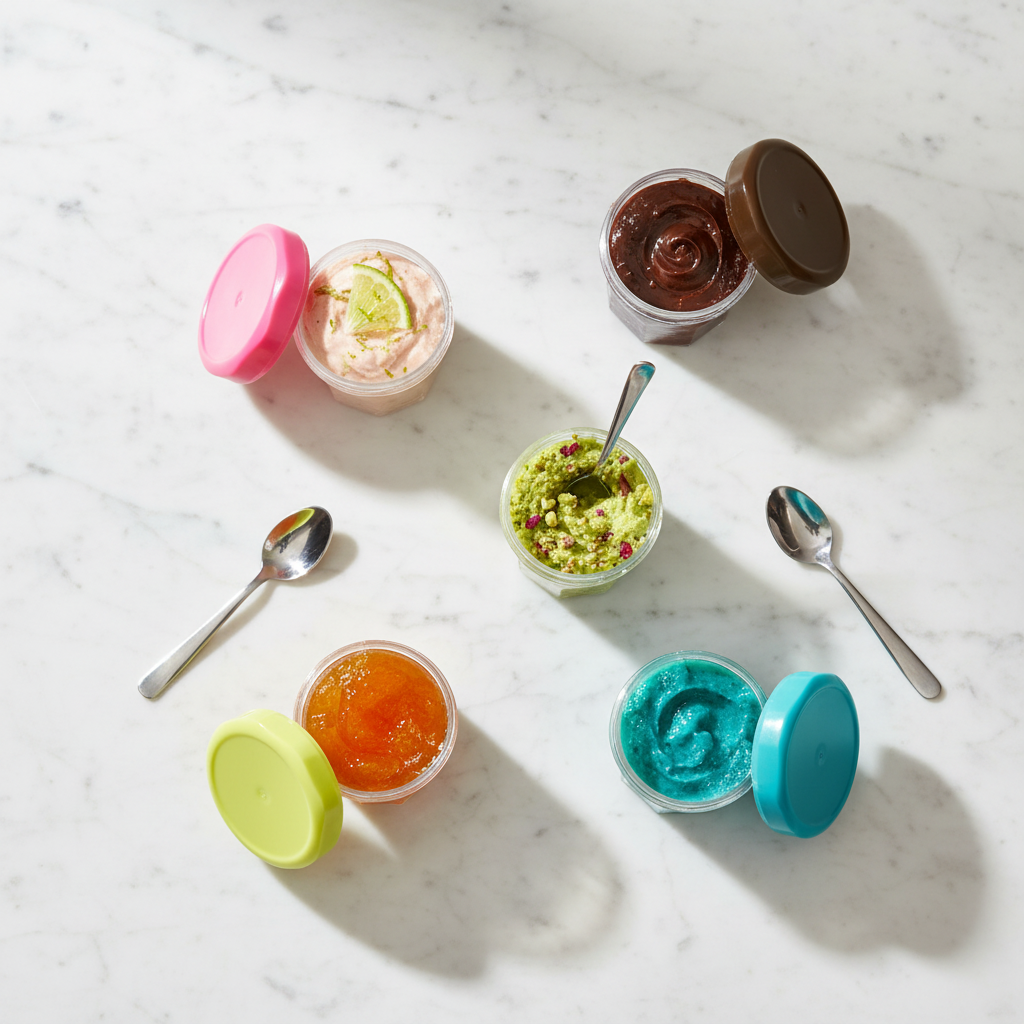 Mini pots couvercles colorés confiture marbre flat lay