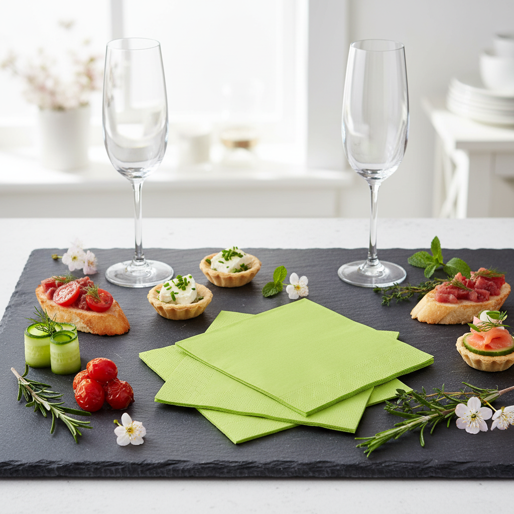 Serviette vert anis biodégradable - mise en situation apéritif ardoise