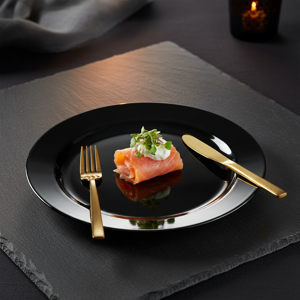Assiette ronde noir ébène 19 cm avec saumon fumé et microgreens sur ardoise, apéritif premium