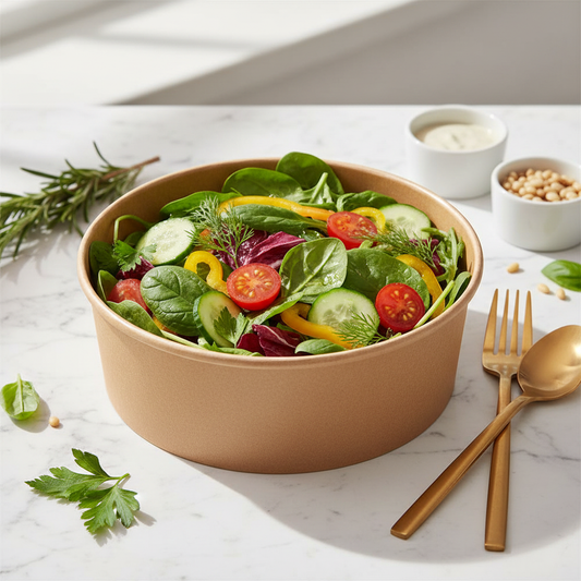 Bol kraft 750 ml – mise en situation sur marbre avec salade fraîche