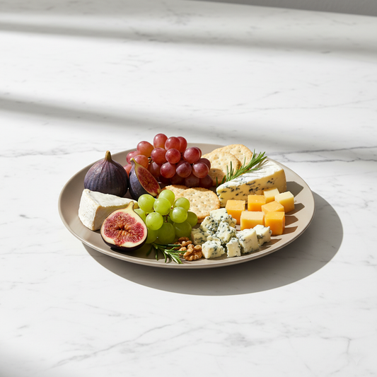 Assiette taupe sur marbre avec apéritif raffiné
