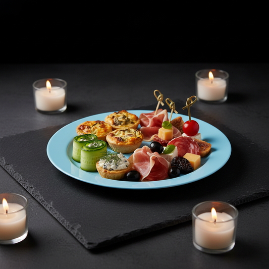 Assiette ronde bleu ciel 19cm sur ardoise avec canapés élégants
