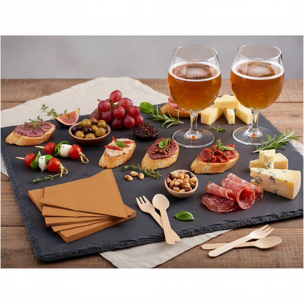 Serviette marron biodégradable - mise en situation apéritif ardoise