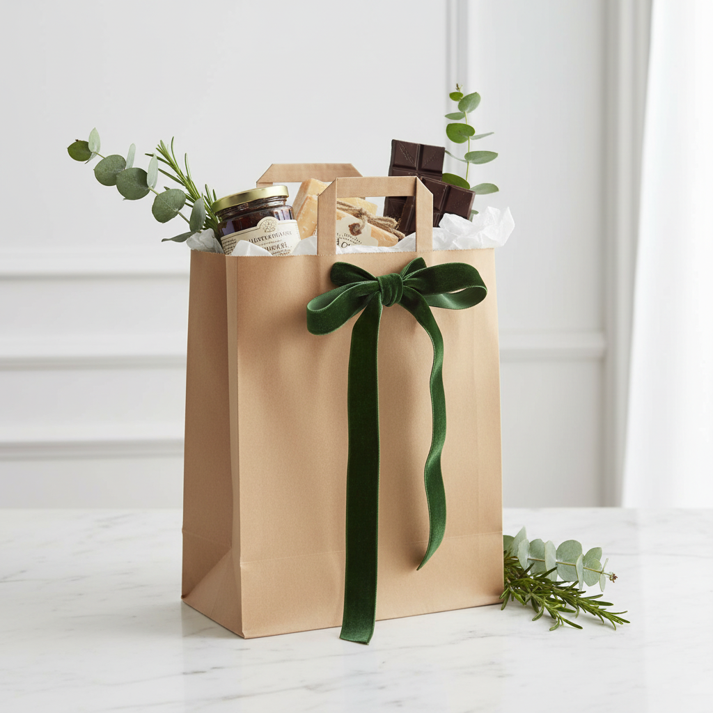 Sac kraft anses plates sur marbre avec produits gourmets